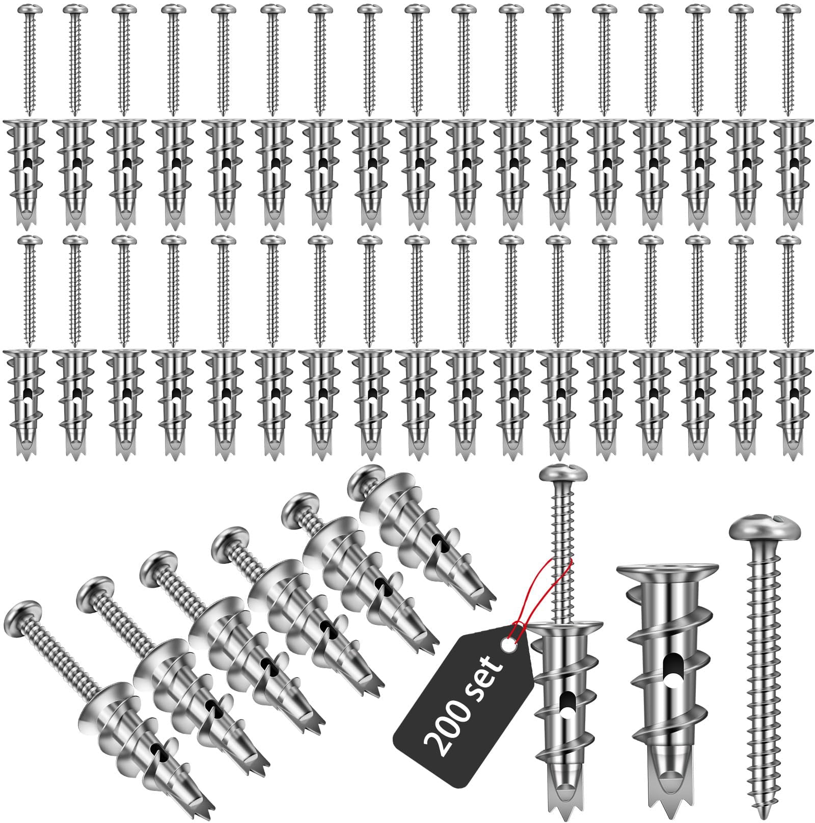 400 Pieces Zinc Self Drilling Drywall Anchors with Screws Kit, (200 Anchors+200 Screws) Bulk Heavy Duty Metal Wall Anchors and #8 x 1-1/4'' Screw