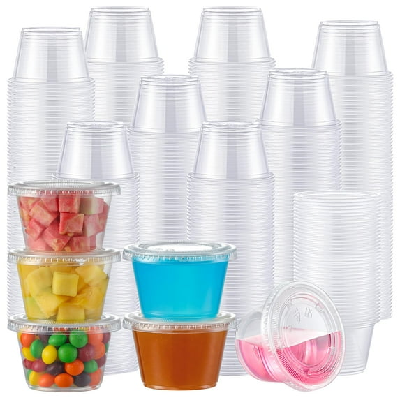400 Set 2 oz Jello Shot Cups with Lids Stackable Food Safe Disposable Plastic Portion Condiment Dipping Sauce Containers Small Salad Dressing Cups