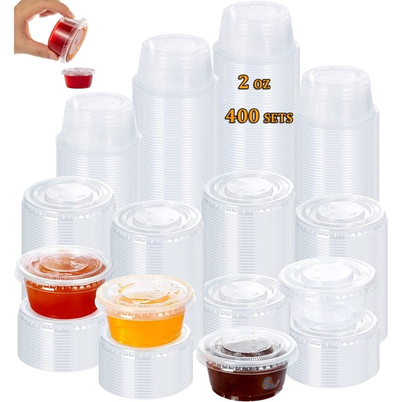 400 Sets - 2 oz Jello Shot Cups Plastic Portion Cups With Lids ,Condiment Containers Disposable Souffle Cups