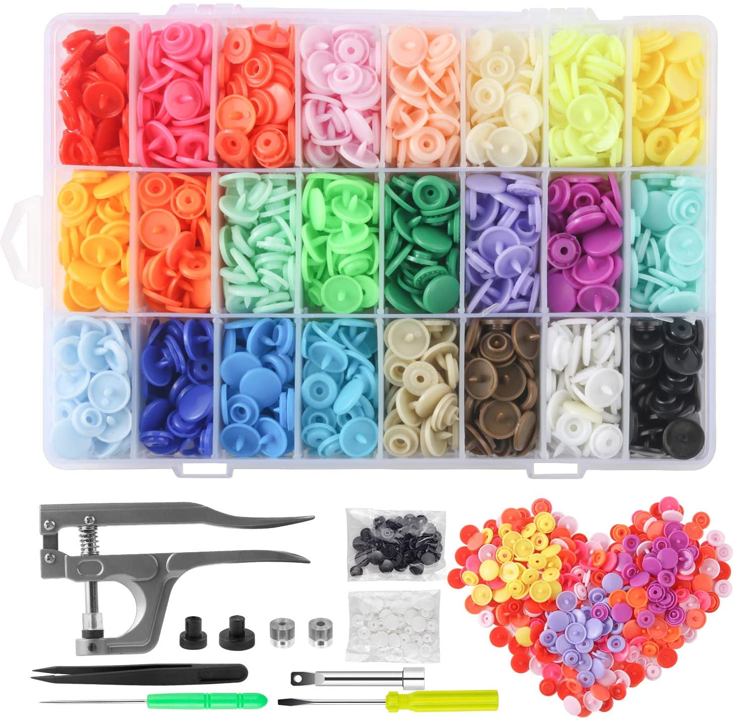  Bundle - 2 Items: Starter Pack KAM Plastic Snap Setting Pliers  & Awl Set with 100 Complete KAM Plastic Snap Sets for No Sew  Fasteners/Cloth Diaper/Sewing/Unpaper Towels/Nappies/Buttons (Metallic)