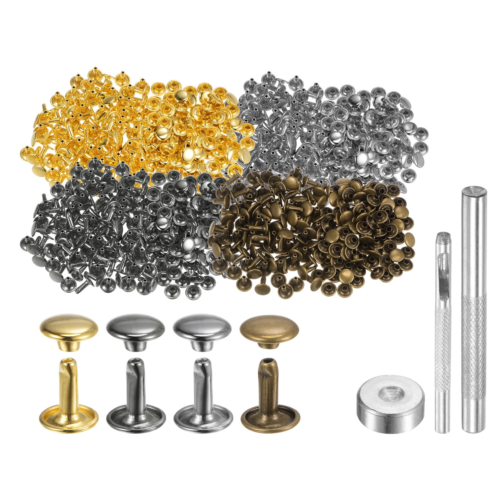 400 Sets Leather Rivets 10 x 9mm Metal with 3 Setter Tools, 4 Colors