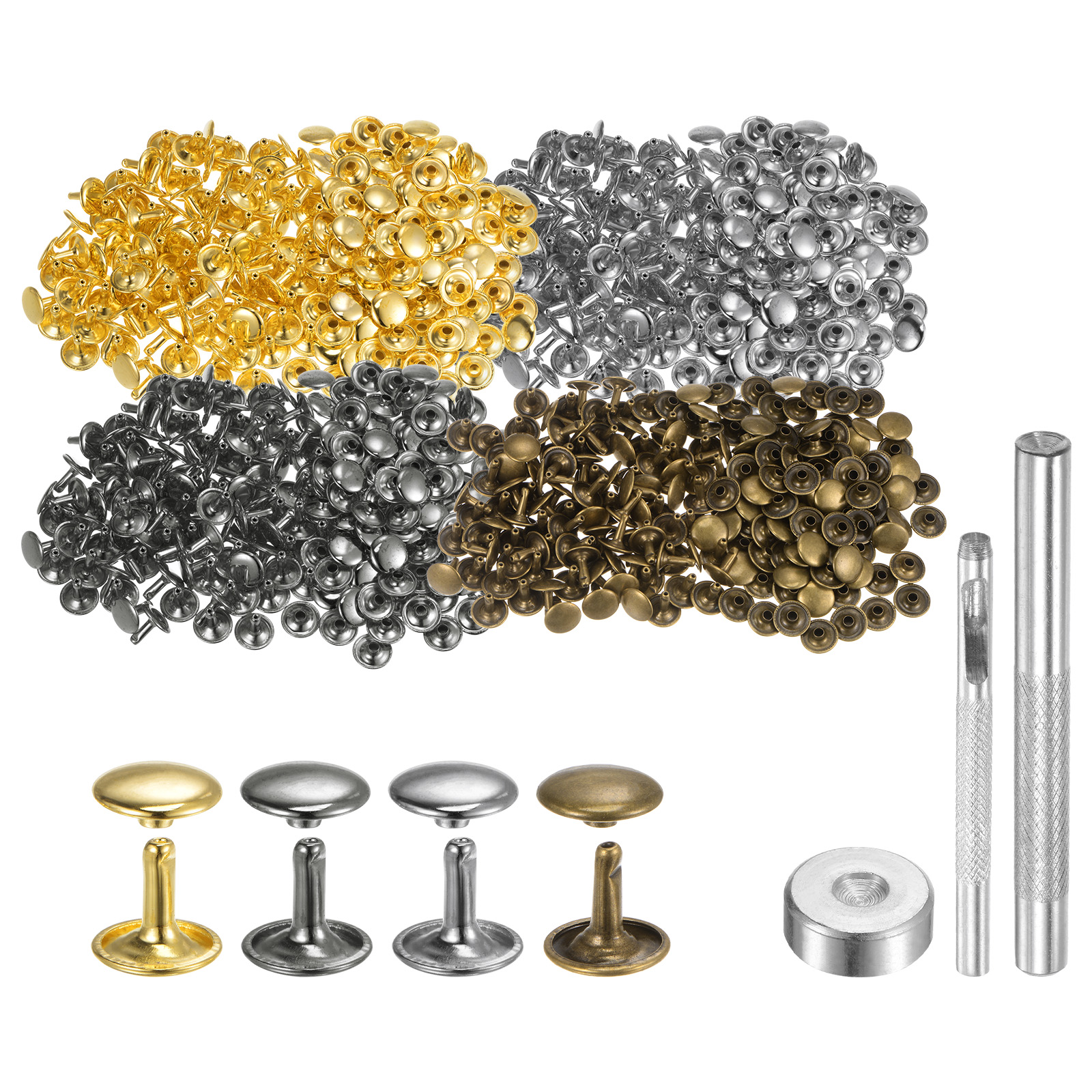 400 Sets Leather Rivets 12 x 12mm Metal with 3 Setter Tools, 4 Colors