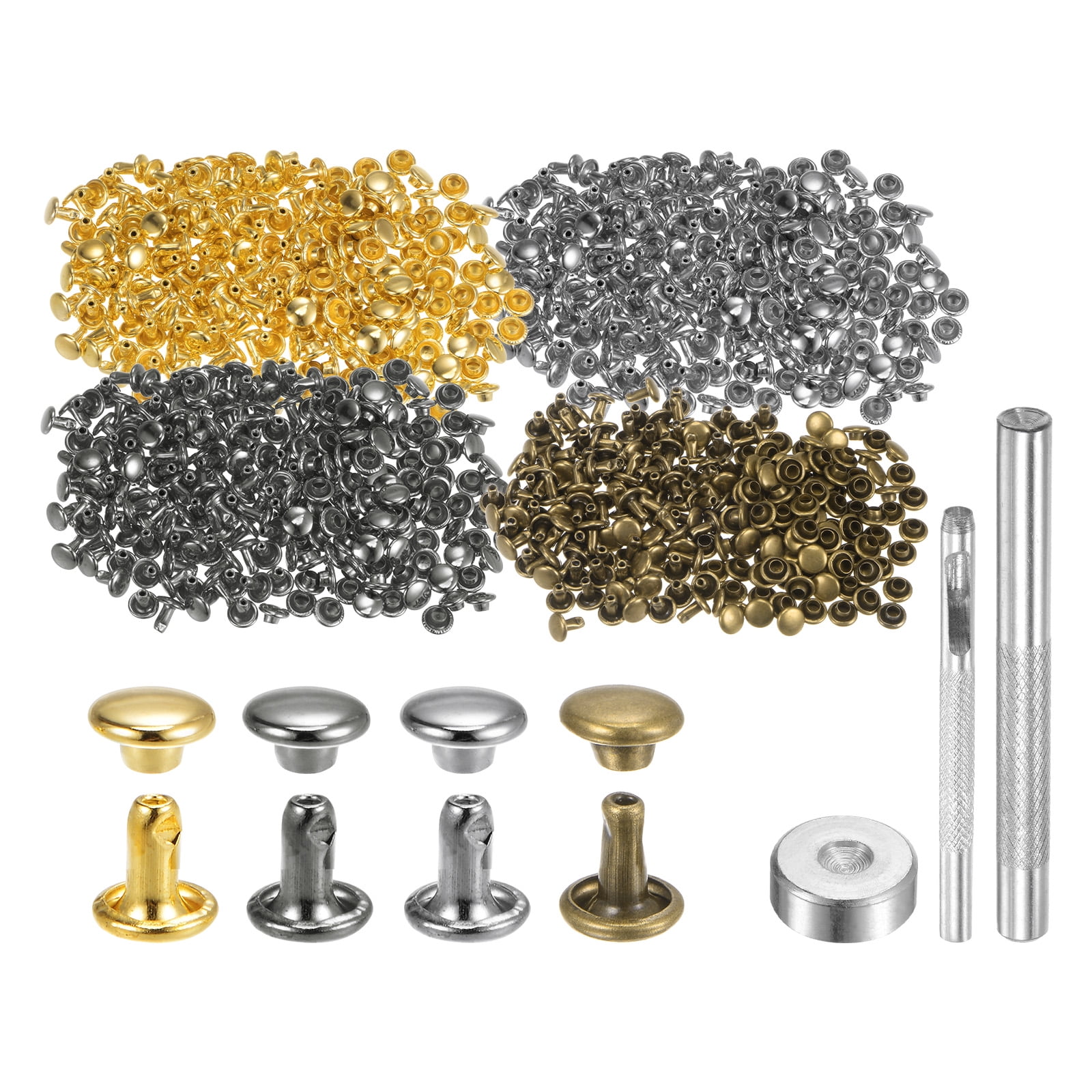 400 Sets Leather Rivets 6 x 6mm Metal with 3 Setter Tools, 4 Colors