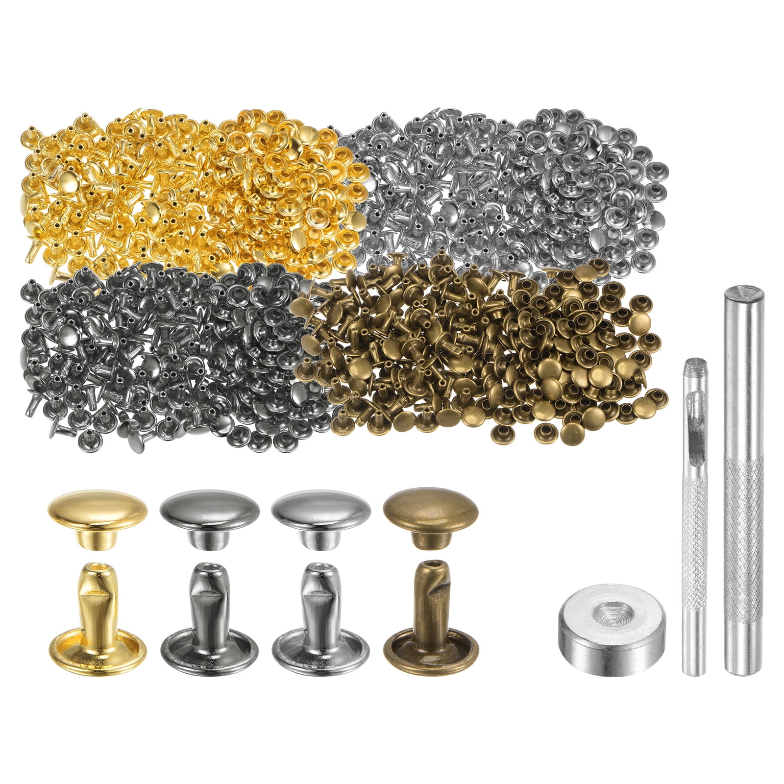 400 Sets Leather Rivets 8 x 8mm Metal with 3 Setter Tools, 4 Colors