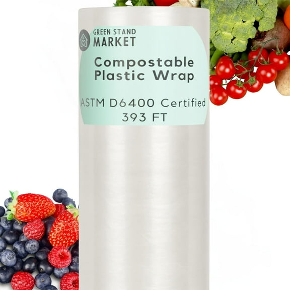 400 Sq Ft Certified Compostable Plastic Wrap ASTM D6400 Refill Roll Durable, Food Safe, Plastic-Free Alternative