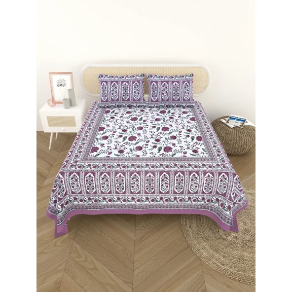 400 TC Cotton Purple Floral Alskan King Flat Bedsheet with 2 Pillow Covers