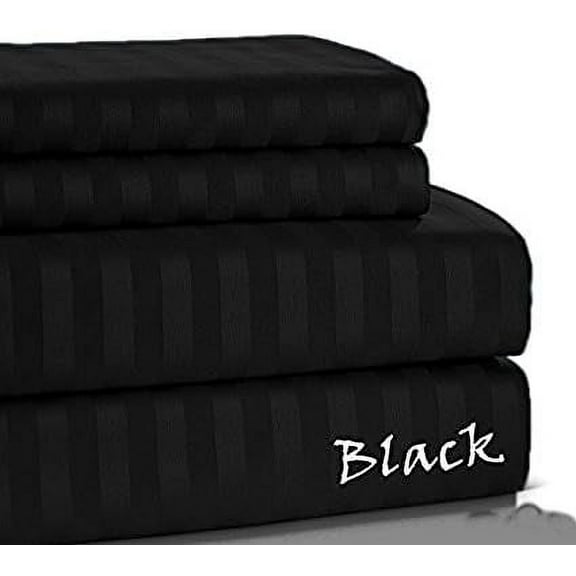 400 TC Sheet Set !! Egyptian Cotton Skin Friendly 4PCs !! Striped COLORS - King Size - Striped Colors { Black } Deep Pocket 12" Inches By KM LINEN