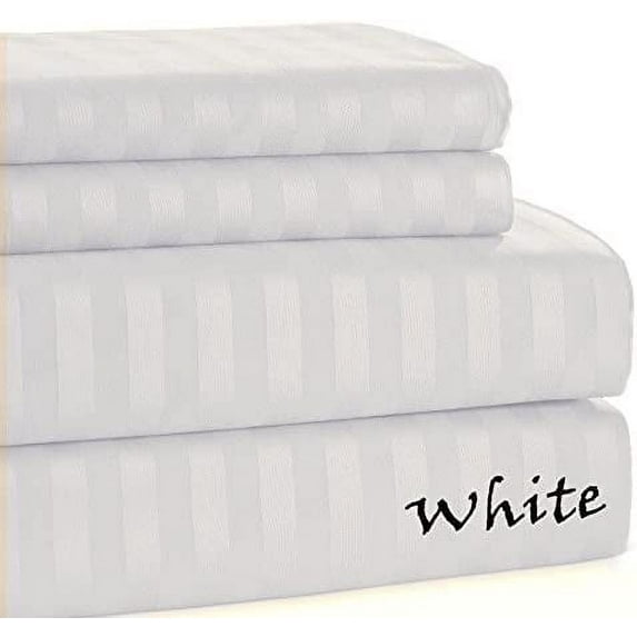 400 TC Sheet Set !! Egyptian Cotton Skin Friendly 4PCs !! Striped COLORS - King Size - Striped Colors { White } Deep Pocket 12" Inches By KM LINEN