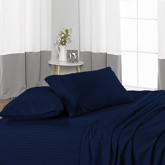 400 THREAD COUNT 4 Piece Bed Sheet Set – 1 Flat Sheet, 1 Fitted Sheet 18 Inch Deep Pocket and 2 Pillowcases – 100% Egyptian Cotton – Extra Soft & Luxury - Navy Blue Stripe,Cal King Size.