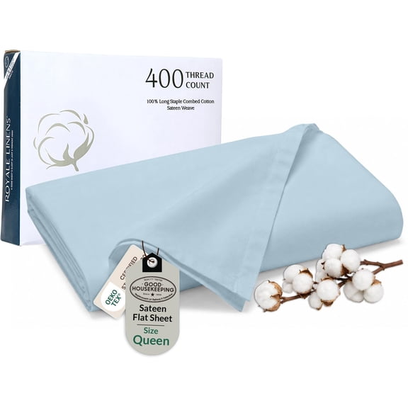 400 Thread Count 100% American Grown Cotton Flat Sheet - Cooling Sheets - Queen Sheets - Luxury Sateen Weave - Queen Flat Sheet Sold Separately - Soft Blue Flat Sheet Only (Queen, Caribbean Blue)