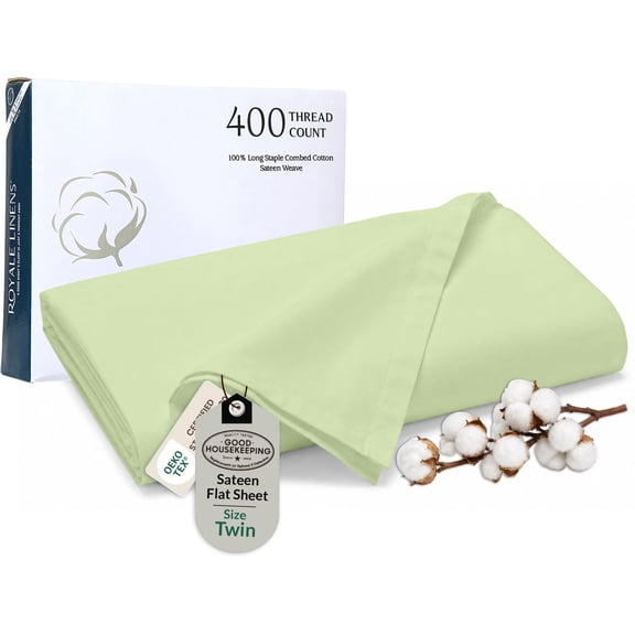 400 Thread Count 100% American Grown Cotton Flat Sheet Cooling Sheets Twin Sheets Luxury Sateen Weave - Twin Flat Sheet Sold Separately - Super Soft Green Flat Sheet Only (Twin, Florentine Sage)