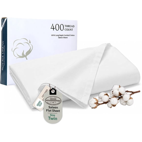 400 Thread Count 100% American Grown Cotton Flat Sheet Cooling Sheets Twin Sheets Luxury Sateen Weave - Twin Flat Sheet Sold Separately - Super Soft White Flat Sheet Only (Twin, Signature White)