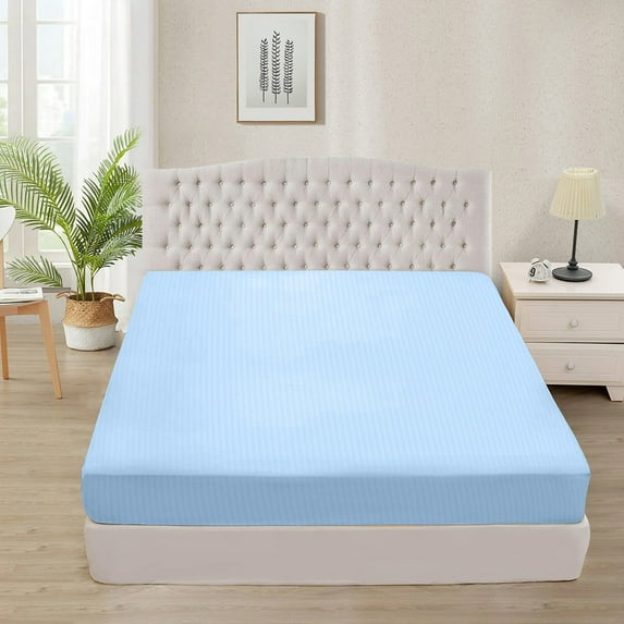 400 Thread Count 100% Egyptian Cotton 3-Piece Fitted Sheet ( 1 Fitted Sheet + 2 Pillow Covers) 15 Inches Deep Pocket Size Twin Color Sky Blue Stripe