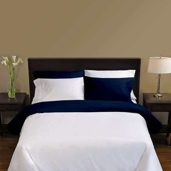 400 Thread Count 3 Piece Set Reversible Duvet Cover with 2 Pillowcases, 100% Egyptian Cotton Quilt Cover with Hidden Zipper, Comfy Bedding Set - Navy Blue Solid, Standard Size.