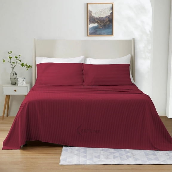 400 Thread Count 4 Piece Quality Sheet Set 15 Inch Deep Pocket 100% Egyptian Cotton Color Burundy Stripe Size Queen