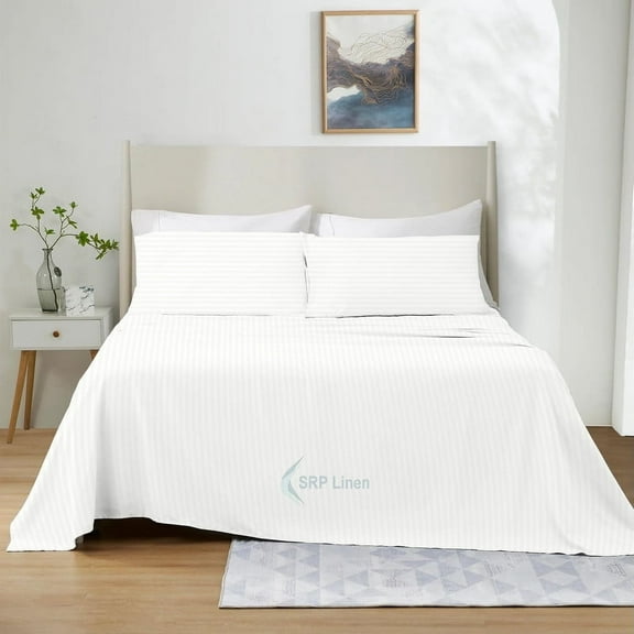400 Thread Count 4 Piece Quality Sheet Set 15 Inch Deep Pocket 100% Egyptian Cotton Color White Stripe Size King