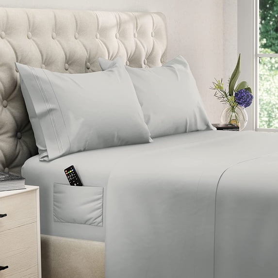 400 Thread Count 4 Piece Quality Sheet Set Deep Pocket 12 Inch 100% Egyptian Cotton Color Silver Grey Size California King with 2 Side Pockets