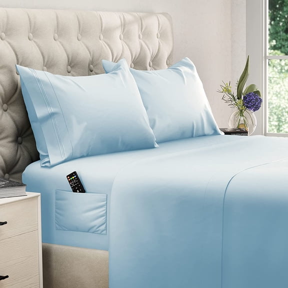 400 Thread Count 4 Piece Quality Sheet Set Deep Pocket 21 Inch 100% Egyptian Cotton Color Aqua Blue Solid Size Full with 2 Side Pockets