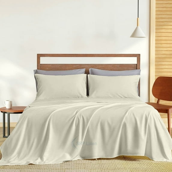 400 Thread Count 4 Piece Quality Sheet Set Deep Pocket 24 Inch 100% Egyptian Cotton Color Beige Print SizeOlympic Queen