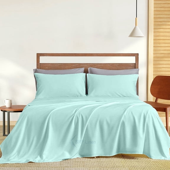 400 Thread Count 4 Piece Sheet Set Deep Pocket 10 Inch 100% Egyptian Cotton Solid Pattern Size Queen Color Aqua Blue