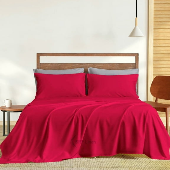 400 Thread Count 4 Piece Sheet Set Deep Pocket 10 Inch 100% Egyptian Cotton Solid Pattern Size Queen Color Red