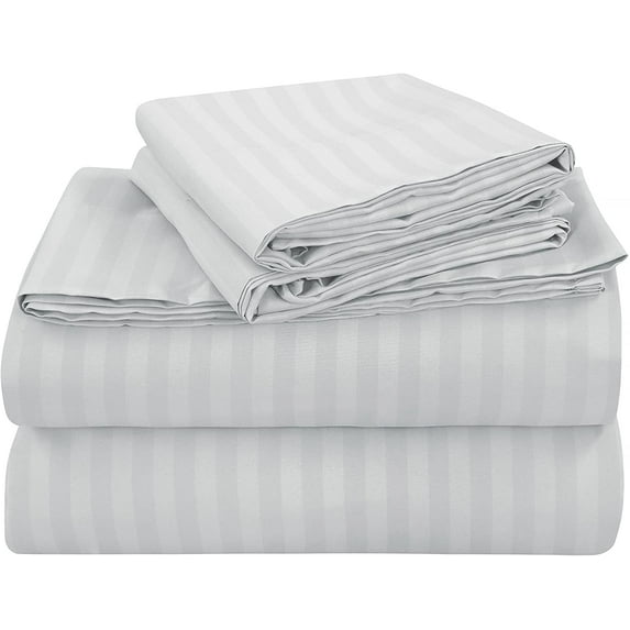 400 Thread Count - 6 Piece Bed Sheet Set - 100% Egyptian Cotton - 18" Deep Pocket - Light Grey Stripe, Twin XXL Size.