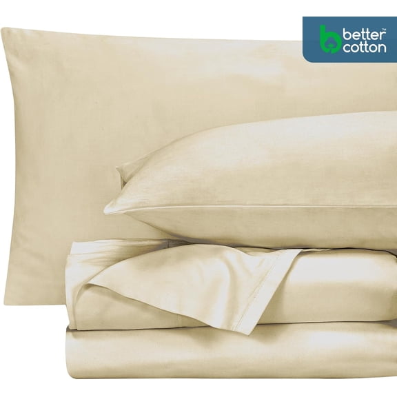 400 Thread Count American Grown Cotton 4 Piece Sateen Queen Sheet Set - 1 Fitted, 1 Flat Sheet, 2 Pillow case - Sand Bedsheet Set - Cooling Cotton Sheets - (Queen, Moroccan Sand)