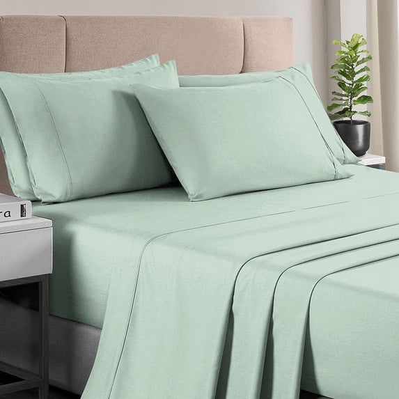 400 Thread Count Sea Foam 6 Piece Queen Sheets Set Includes 2 Bonus Pillow Cases, 100% Long Staple Cotton Soft Sateen Bed Sheets With Deep Pocket, Value Pack 6 Pc Cotton Sheets Queen