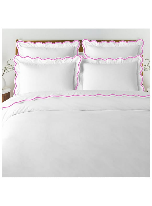 400 Thread Count White Cotton Sateen Hotel Stitch Duvet Cover in Scalloped Embroidery Full/Queen Pink Border