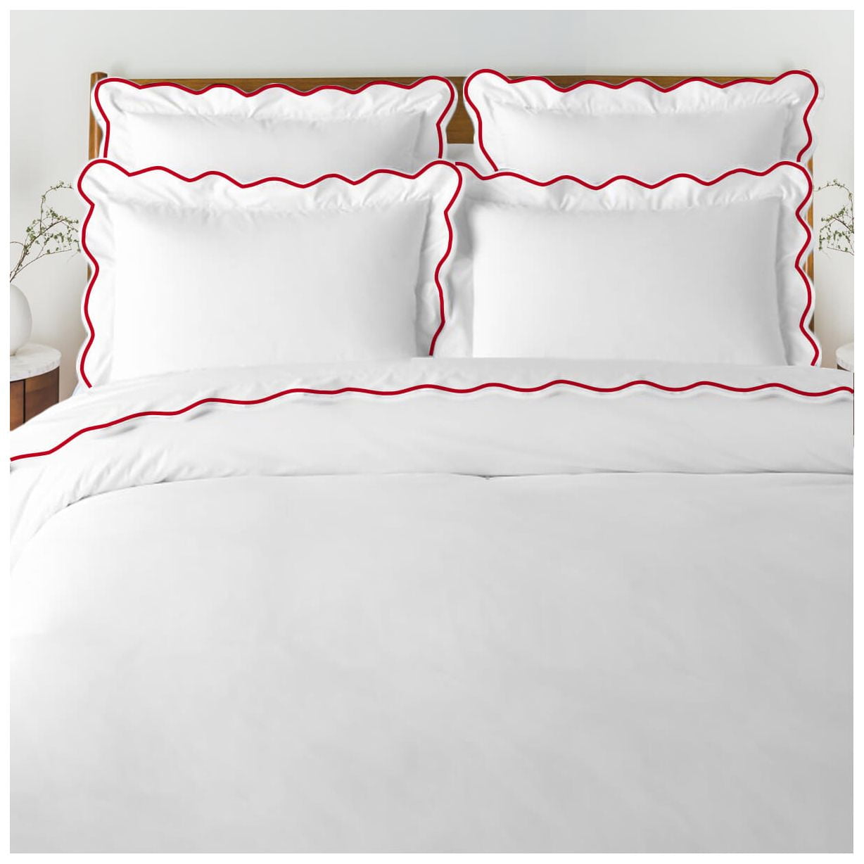 400 Thread Count White Cotton Sateen Hotel Stitch Duvet Cover in Scalloped Embroidery King/Cal-King Burgundy Border