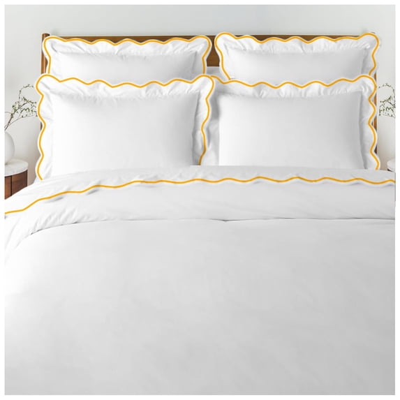 400 Thread Count White Cotton Sateen Hotel Stitch Duvet Cover in Scalloped Embroidery King/Cal-King Gold Border