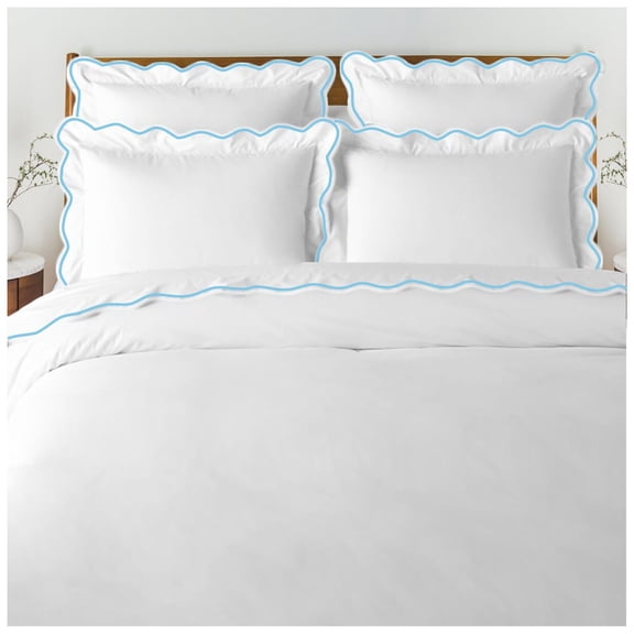 400 Thread Count White Cotton Sateen Hotel Stitch Duvet Cover in Scalloped Embroidery Oversized King Light Blue Border