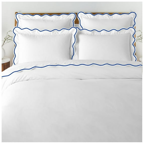 400 Thread Count White Cotton Sateen Hotel Stitch Duvet Cover in Scalloped Embroidery Oversized King Navy Blue Border