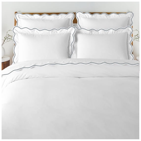 400 Thread Count White Cotton Sateen Hotel Stitch Duvet Cover in Scalloped Embroidery Twin/TwinXL Light Grey Border
