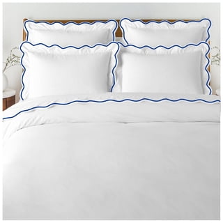 400 Thread Count White Cotton Sateen Hotel Stitch Duvet Cover in Scalloped Embroidery Twin/TwinXL Navy Blue Border