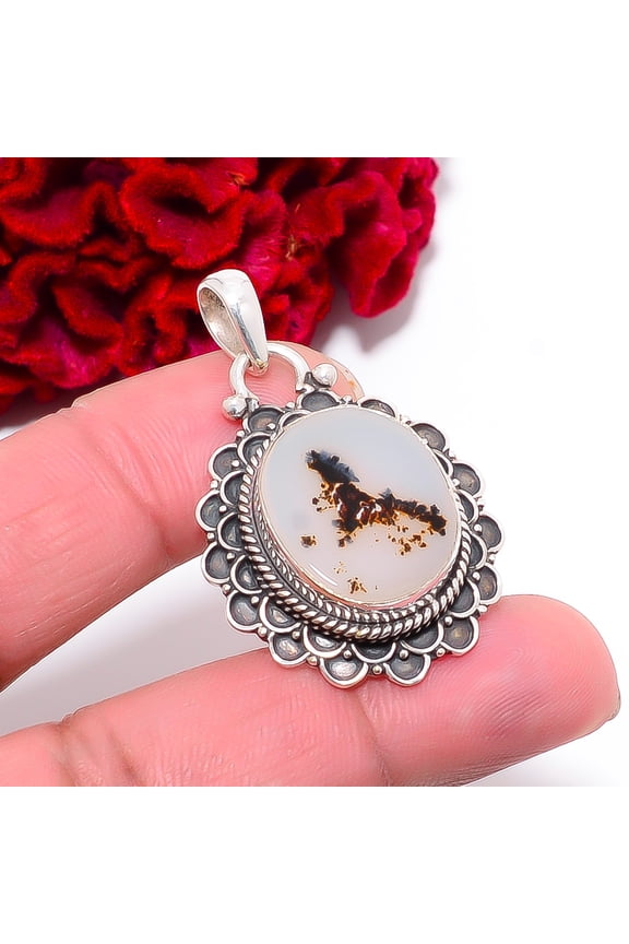 400 Years Old Dendritic Shajar Agate - India 925 Sterling Silver Pendant 1.68" P99913, Christmas Gift