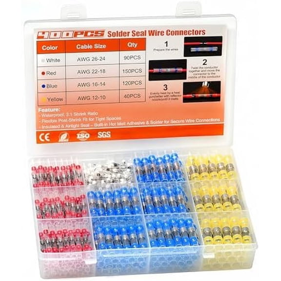 400 count Solder Seal Wire Connectors Kit,  Solderless Heat Shrink  Terminal Insulated Electrical  Splice for Automotive Marine Boat  Wire Join