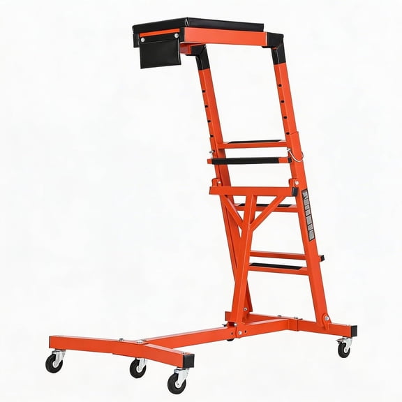 400 lb Topside Engine Creeper - Adjustable Height 48-76 in - Collapsible Over-Engine Rolling Platform with Padded Deck, 5 Swivel Casters & 4 Locking Brake Wheels for Trucks - Pure Orange