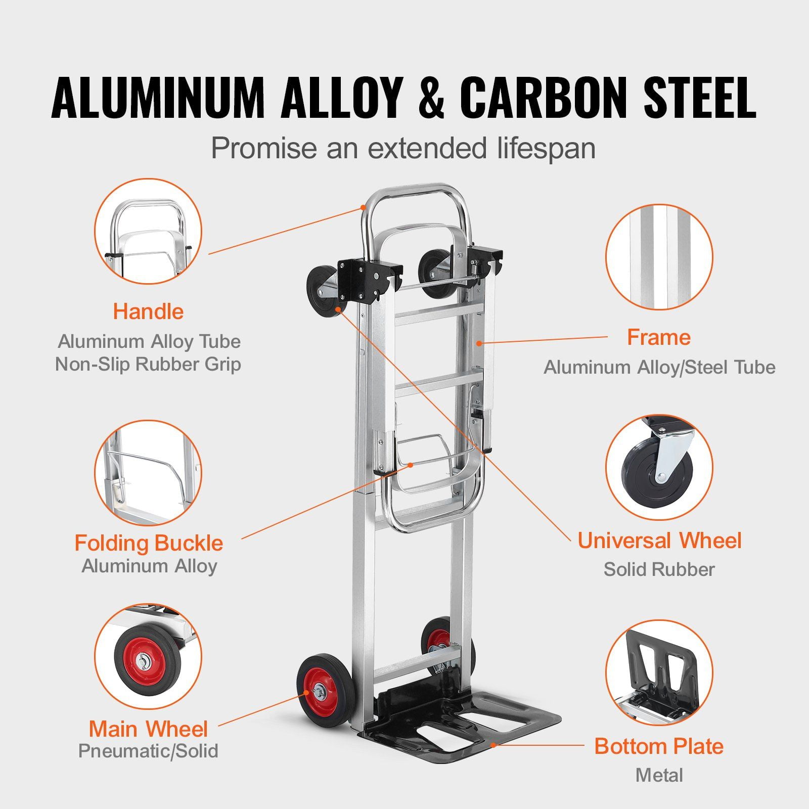 400 lbs Capacity Aluminum Folding Hand Truck, 2 in 1 Heavy Duty Collapsible Dolly Cart with Rubber Wheels, Multi-Purpose Transport Cart for Warehouse, Supermarket, Garden