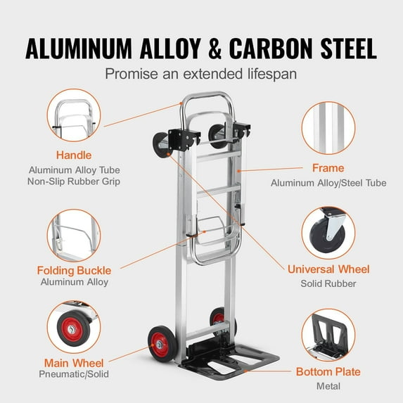 400 lbs Capacity Aluminum Folding Hand Truck, 2 in 1 Heavy Duty Collapsible Dolly Cart with Rubber Wheels, Multi-Purpose Transport Cart for Warehouse, Supermarket, Garden