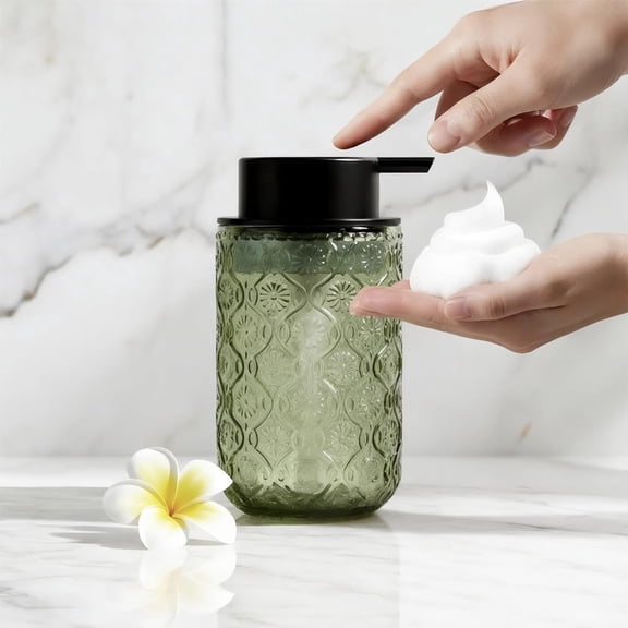 400 ml Foaming Soap Dispenser, Refillable Floral Embossed Glass Bottle with Hand Pump for Bathroom Sink (Green)