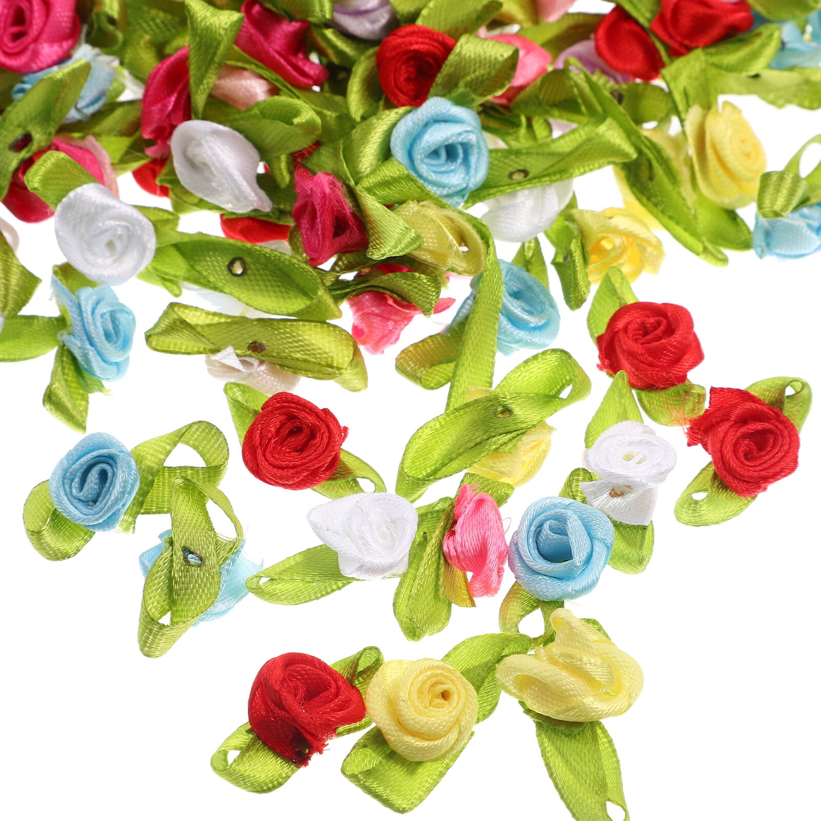 400 pcs Mini Ribbon Roses Artificial Fabric Flowers with Green Leaves DIY Craft Supplies