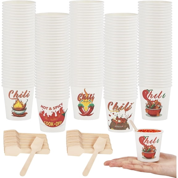 400 piece chili cooking decoration chili cooking supplies including 200 disposable tasting paper cups and 200 wooden spoons, for chili cooking bowls chili tasting cups chili cooking cups (4.5 ounces)