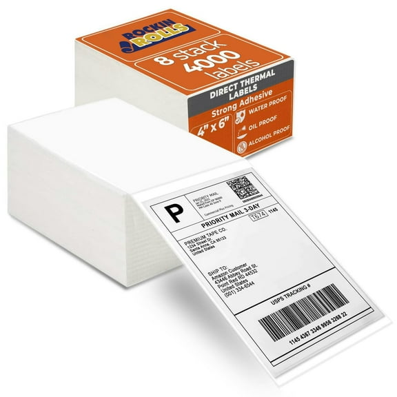Rockin Rolls 4x6 Thermal Labels (Total 4000) - 8 Packs of 500 Fanfold Direct Thermal Shipping Labels