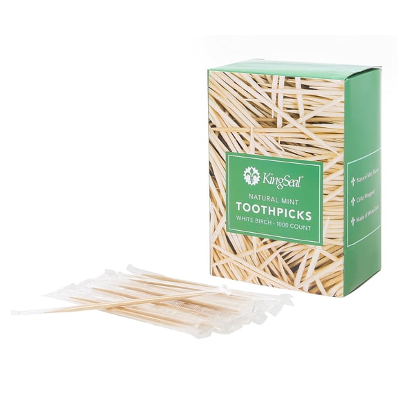 4000 Count | KingSeal Individually Cello Wrapped Mint Flavor Birch Wood Toothpicks, 2.5 Inch, Bulk Pack - 4 Boxes x 1000