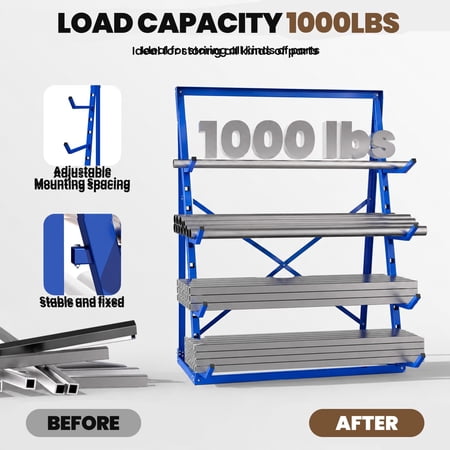 1000 LBS Industrial Cantilever Rack, Heavy Duty Metal Lumber Storage for Warehouse, Alloy Steel Pipe Conduit Organizer, 4-Tier Horizontal Shelving System