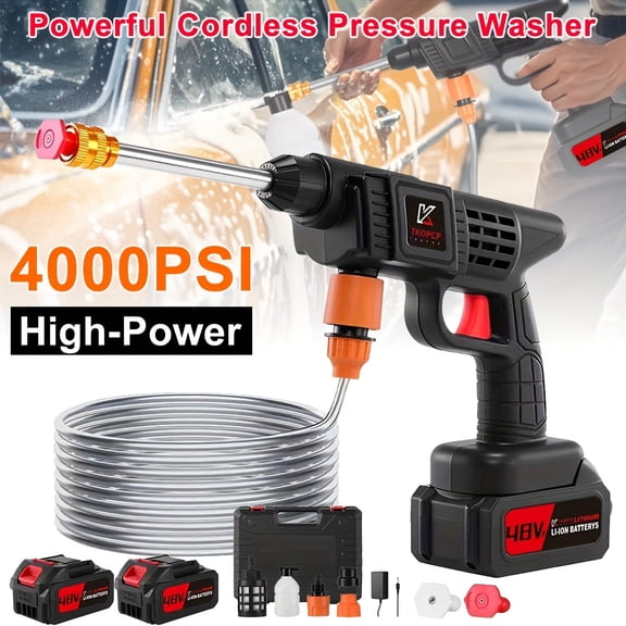 4000 PSI Cordless Pressure Washer, 2 Batteries, 6-in-1 Nozzle, 5m Hose, for Car & Home Cleaning