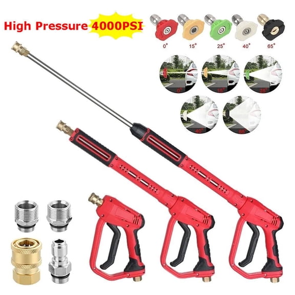 4000 PSI Pressure Washer Gun with 5 Nozzle Tips & Extension Wand – M22-14/15mm Inlet, 1/4" Quick Connect, High-Power Spray Gun for Cleaning Driveway, Patio, House (Red)