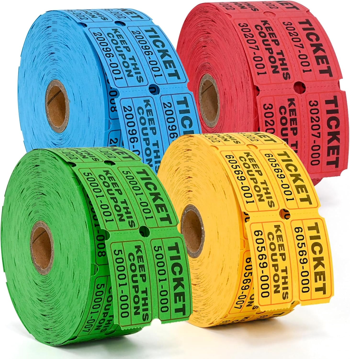 4000 Pairs Double Raffle Tickets - 4 Assorted Colors (Blue, Yellow, Red, Green), 1000 Tickets per Roll for Events, Fundraisers & Parties