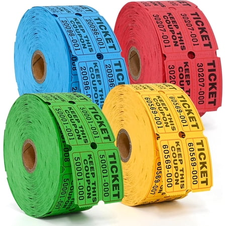 4000 Pairs Double Raffle Tickets - 4 Assorted Colors (Blue, Yellow, Red, Green), 1000 Tickets per Roll for Events, Fundraisers & Parties